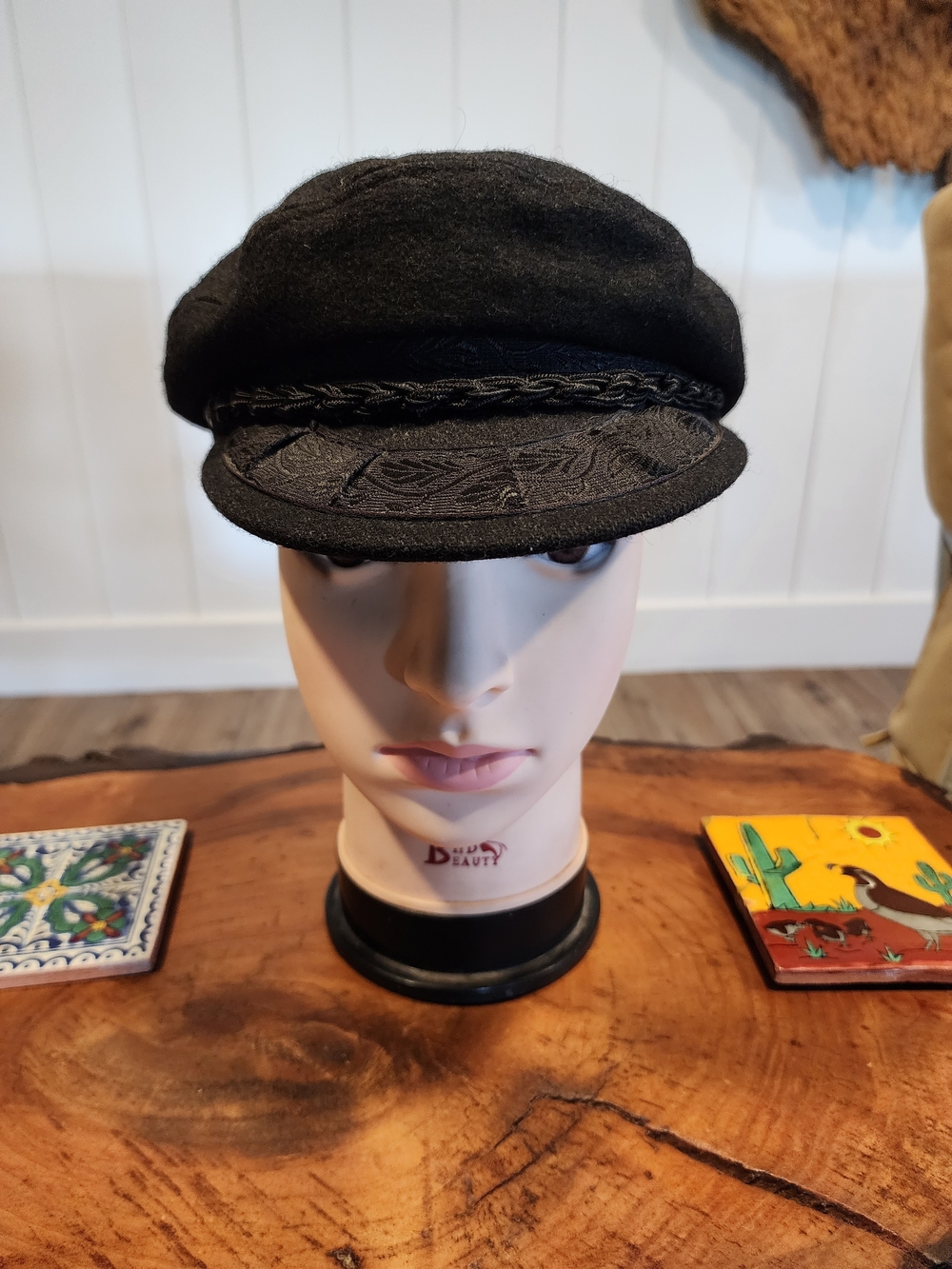 Greek Black Wool Fisherman's Cap with Braided Trim